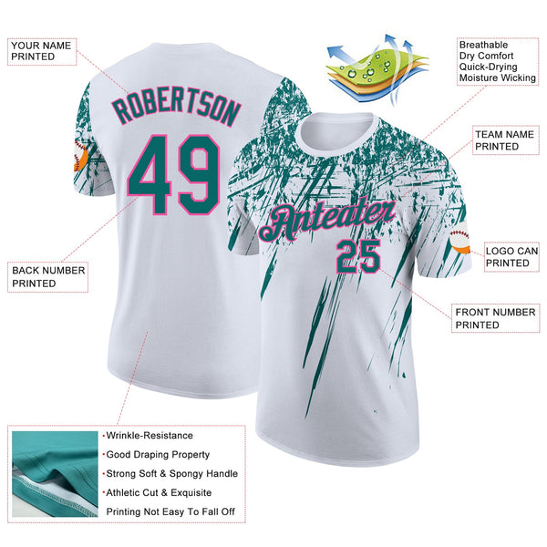 Custom White Teal-Pink Distressed Scratch Brush Stroke Performance T-Shirt alternate