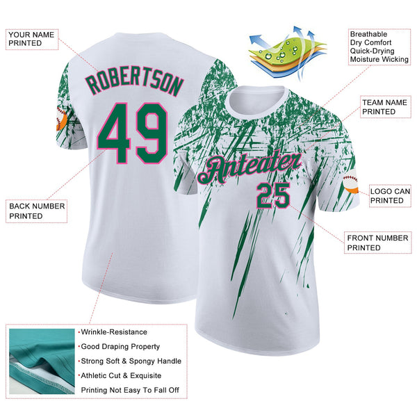 Custom White Kelly Green-Pink Distressed Scratch Brush Stroke Performance T-Shirt alternate
