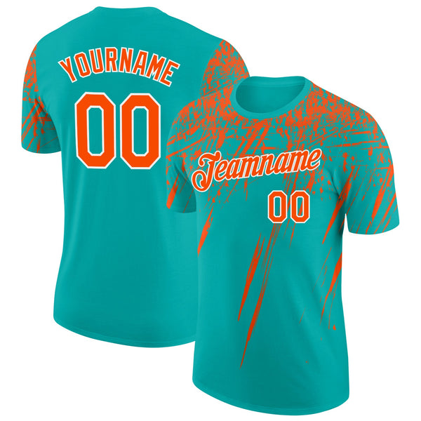 Custom Aqua Orange-White Distressed Scratch Brush Stroke Performance T-Shirt