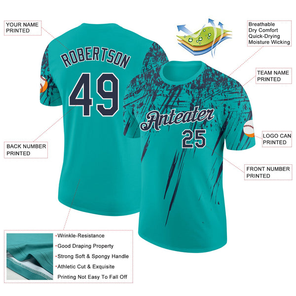 Custom Aqua Navy-White Distressed Scratch Brush Stroke Performance T-Shirt alternate