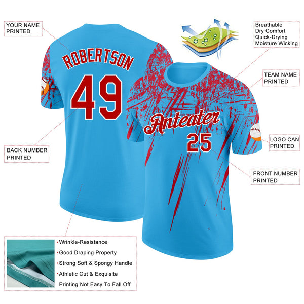 Custom Sky Blue Red-White Distressed Scratch Brush Stroke Performance T-Shirt alternate