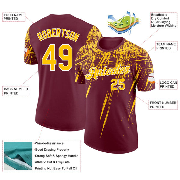 Custom Burgundy Yellow-White Distressed Scratch Brush Stroke Performance T-Shirt alternate