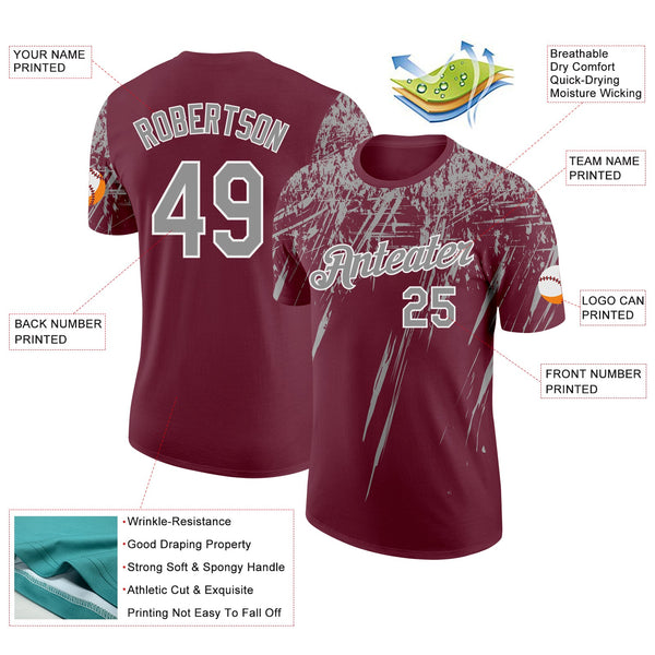 Custom Burgundy Gray-White Distressed Scratch Brush Stroke Performance T-Shirt alternate