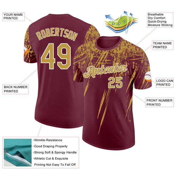 Custom Burgundy Old Gold-White Distressed Scratch Brush Stroke Performance T-Shirt alternate