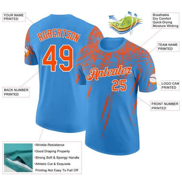 Custom Powder Blue Orange-White Distressed Scratch Brush Stroke Performance T-Shirt alternate