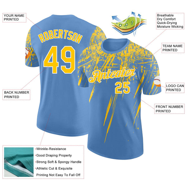 Custom Light Blue Yellow-White Distressed Scratch Brush Stroke Performance T-Shirt alternate