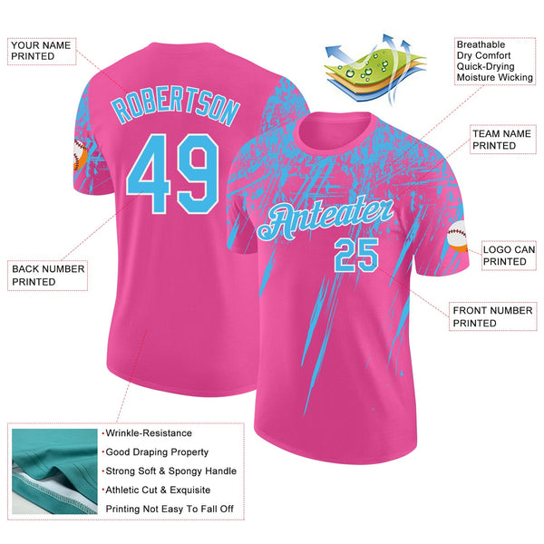 Custom Pink Sky Blue-White Distressed Scratch Brush Stroke Performance T-Shirt alternate