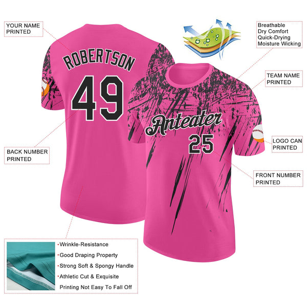 Custom Pink Black-White Distressed Scratch Brush Stroke Performance T-Shirt alternate