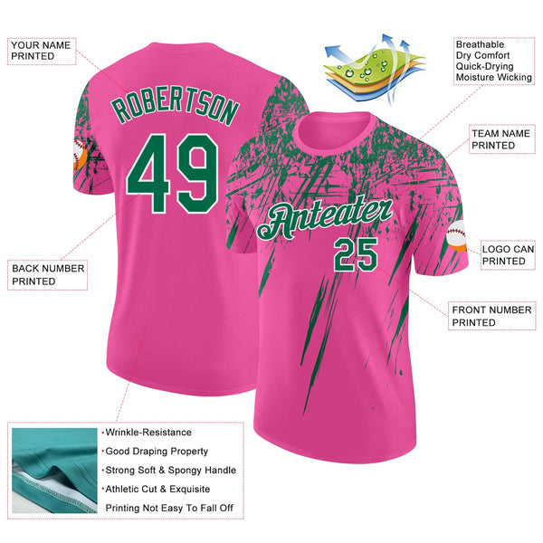 Custom Pink Kelly Green-White Distressed Scratch Brush Stroke Performance T-Shirt alternate