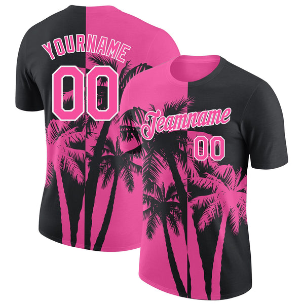 Custom Black Pink-White Hawaii Tropical Coastal Palm Trees Performance T-Shirt