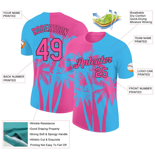Custom Sky Blue Pink-Black Hawaii Tropical Coastal Palm Trees Performance T-Shirt alternate