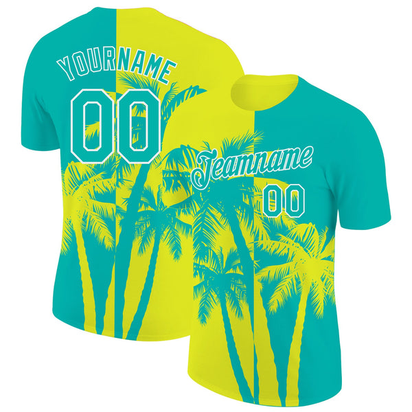Custom Aqua Neon Yellow-White Hawaii Tropical Coastal Palm Trees Performance T-Shirt