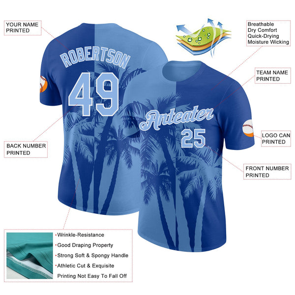 Custom Royal Light Blue-White Hawaii Tropical Coastal Palm Trees Performance T-Shirt alternate