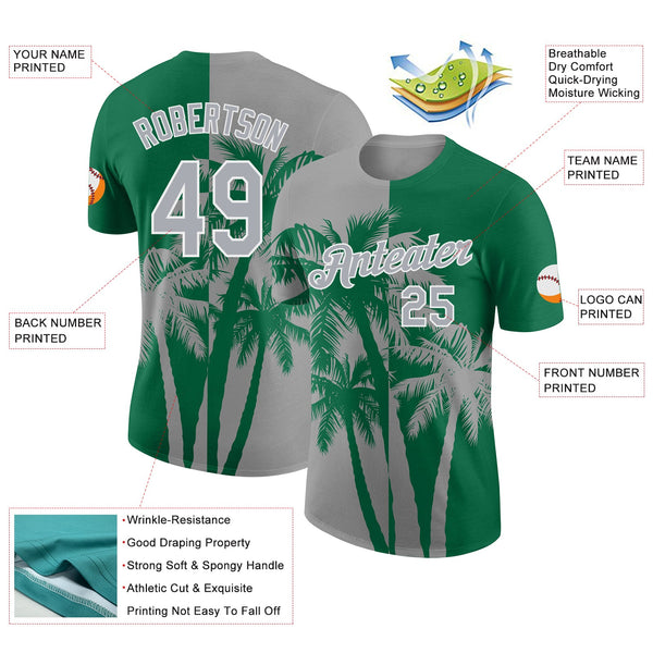 Custom Kelly Green Gray-White Hawaii Tropical Coastal Palm Trees Performance T-Shirt alternate