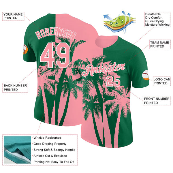 Custom Kelly Green Medium Pink-White Hawaii Tropical Coastal Palm Trees Performance T-Shirt alternate