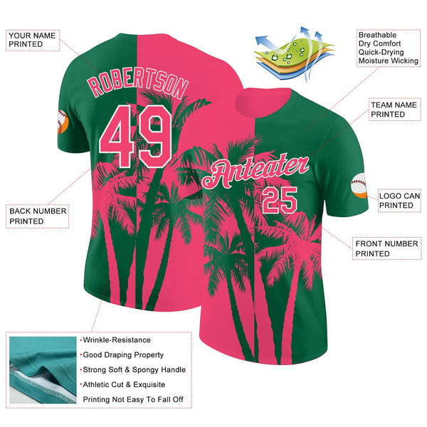 Custom Kelly Green Neon Pink-White Hawaii Tropical Coastal Palm Trees Performance T-Shirt alternate