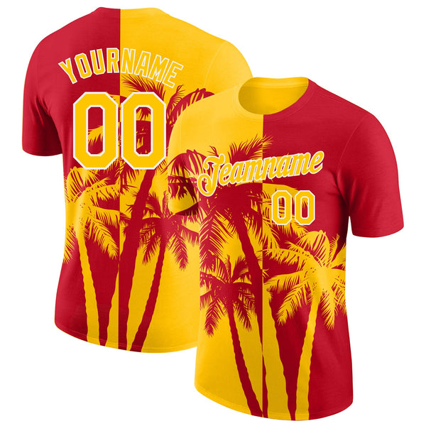 Custom Red Yellow-White Hawaii Tropical Coastal Palm Trees Performance T-Shirt