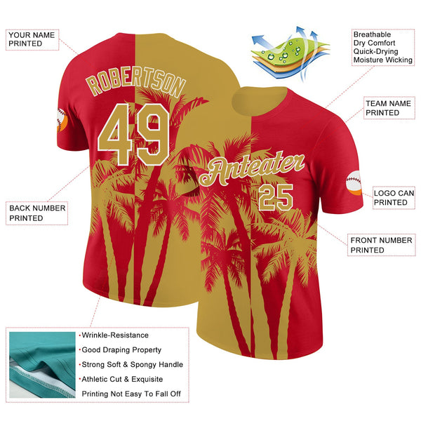 Custom Red Old Gold-White Hawaii Tropical Coastal Palm Trees Performance T-Shirt alternate