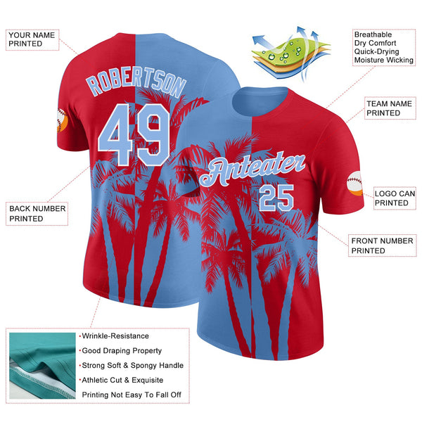 Custom Red Light Blue-White Hawaii Tropical Coastal Palm Trees Performance T-Shirt alternate