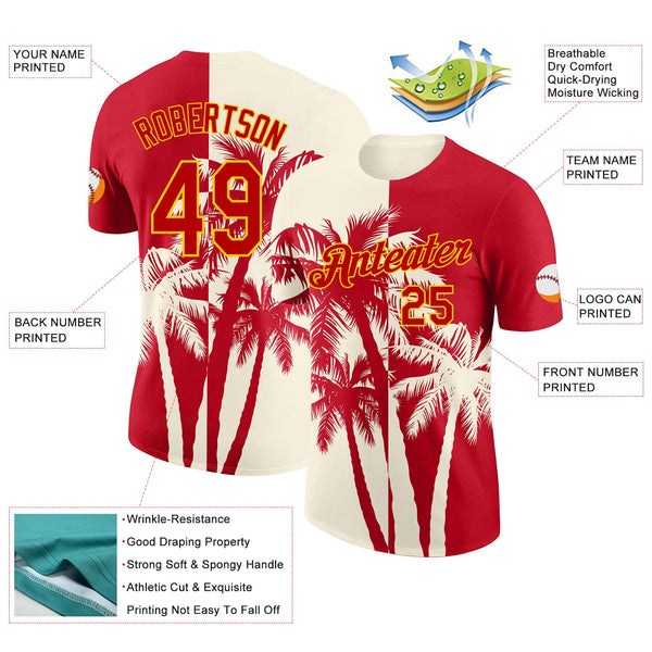 Custom Red Cream-Yellow Hawaii Tropical Coastal Palm Trees Performance T-Shirt alternate