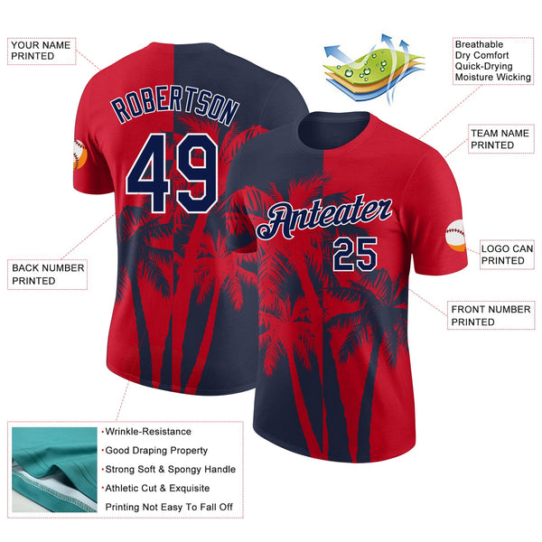 Custom Red Navy-White Hawaii Tropical Coastal Palm Trees Performance T-Shirt alternate