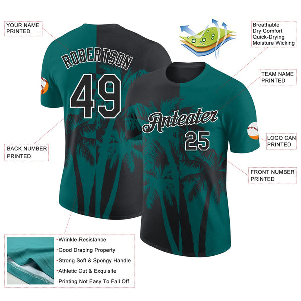 Custom Teal Black-White Hawaii Tropical Coastal Palm Trees Performance T-Shirt alternate
