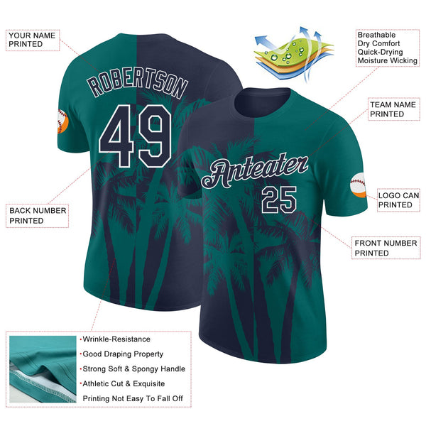 Custom Teal Navy-White Hawaii Tropical Coastal Palm Trees Performance T-Shirt alternate
