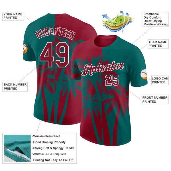 Custom Teal Crimson-White Hawaii Tropical Coastal Palm Trees Performance T-Shirt alternate