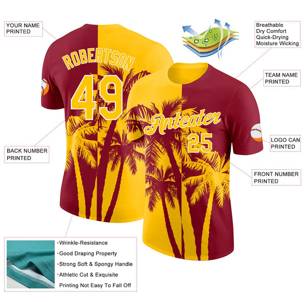 Custom Crimson Yellow-White Hawaii Tropical Coastal Palm Trees Performance T-Shirt alternate