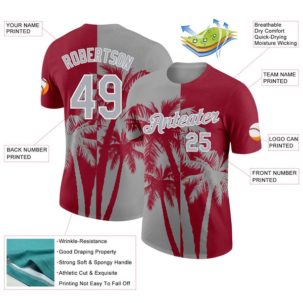 Custom Crimson Gray-White Hawaii Tropical Coastal Palm Trees Performance T-Shirt alternate