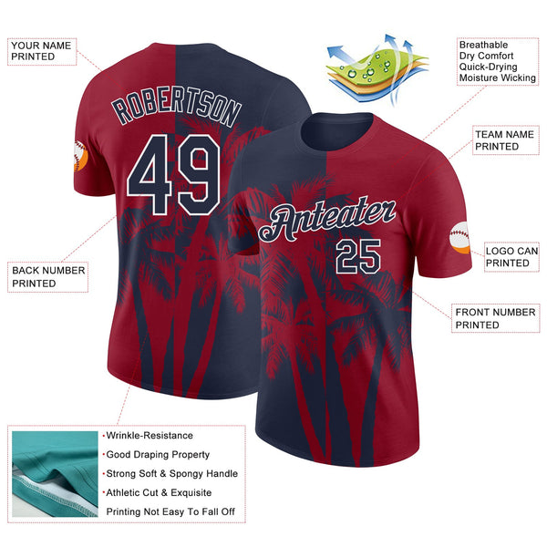 Custom Crimson Navy-White Hawaii Tropical Coastal Palm Trees Performance T-Shirt alternate