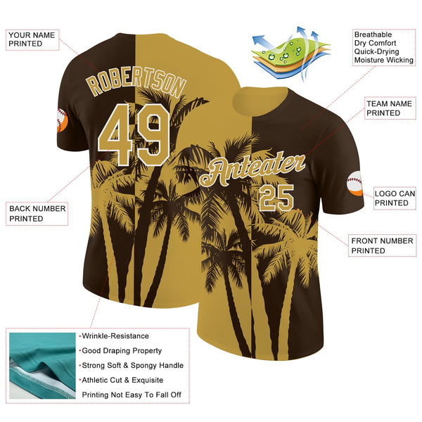 Custom Brown Old Gold-White Hawaii Tropical Coastal Palm Trees Performance T-Shirt alternate