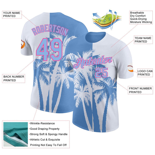 Custom White Light Blue-Pink Hawaii Tropical Coastal Palm Trees Performance T-Shirt alternate