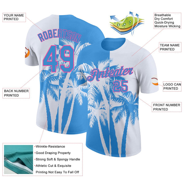 Custom White Powder Blue-Pink Hawaii Tropical Coastal Palm Trees Performance T-Shirt alternate