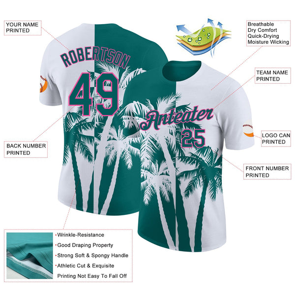 Custom White Teal-Pink Hawaii Tropical Coastal Palm Trees Performance T-Shirt alternate