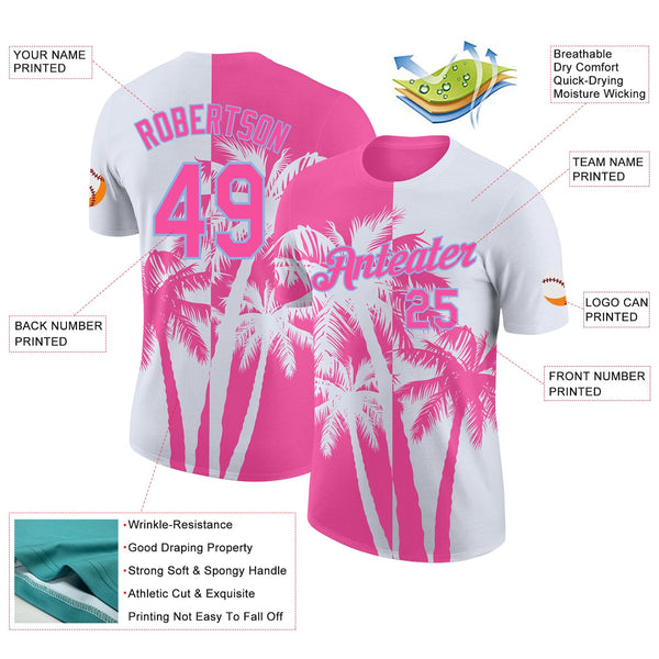 Custom White Pink-Light Blue Hawaii Tropical Coastal Palm Trees Performance T-Shirt alternate