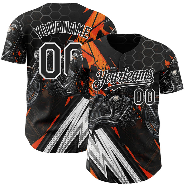 Custom Black Orange Gray-White 3D Pattern Design Motorcycle Motocross Skull Authentic Baseball Jersey