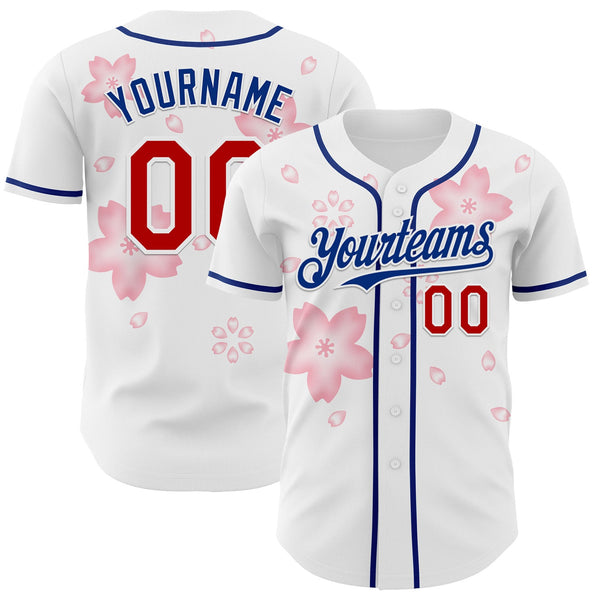 Custom White Red-Royal Cherry Blossoms Sakura Authentic Baseball Jersey