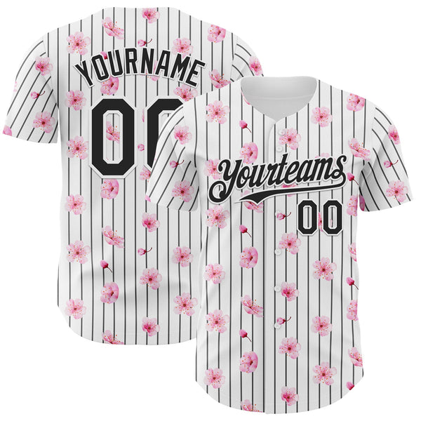 Custom White Pinstripe-Black Cherry Blossoms Sakura Authentic Baseball Jersey