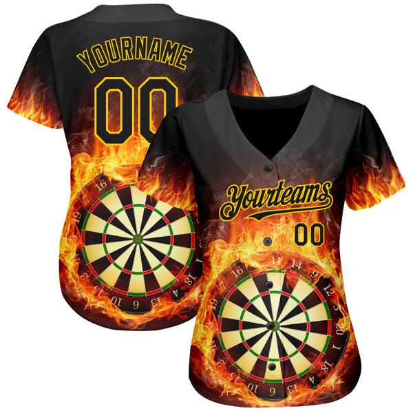 Custom Black Gold 3D Pattern Design Flame Dart Board Authentic Baseball Jersey alternate