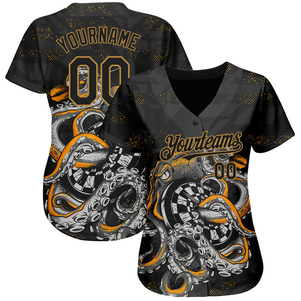 Custom Black Old Gold 3D Pattern Design Octopus Wrapped Around Dart Board Authentic Baseball Jersey alternate