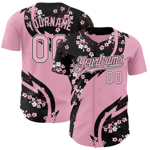 Custom Light Pink Black-White Cherry Blossoms Sakura Authentic Baseball Jersey