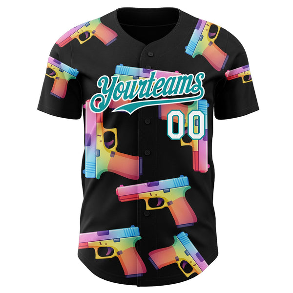 Custom Black Teal-White Colorful Firepower 3D Pattern Design Authentic Baseball Jersey alternate