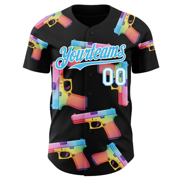 Custom Black Sky Blue-White Colorful Firepower 3D Pattern Design Authentic Baseball Jersey alternate