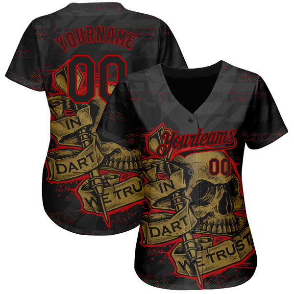 Custom Black Red-Old Gold 3D Pattern Design In Dart We Trust Authentic Baseball Jersey alternate