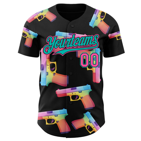 Custom Black Pink-Aqua Colorful Firepower 3D Pattern Design Authentic Baseball Jersey alternate