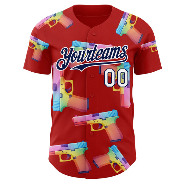 Custom Red Navy-White Colorful Firepower 3D Pattern Design Authentic Baseball Jersey alternate