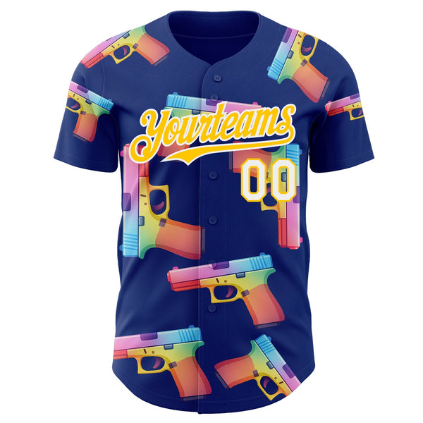Custom Royal Yellow-White Colorful Firepower 3D Pattern Design Authentic Baseball Jersey alternate