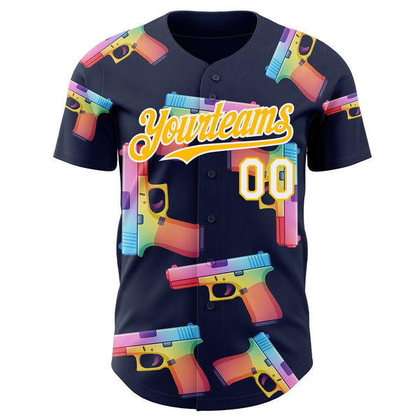 Custom Navy Gold-White Colorful Firepower 3D Pattern Design Authentic Baseball Jersey alternate