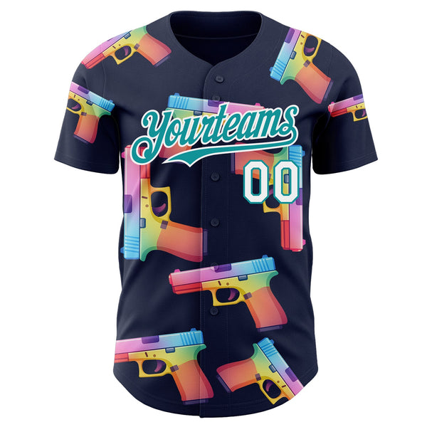 Custom Navy Teal-White Colorful Firepower 3D Pattern Design Authentic Baseball Jersey alternate